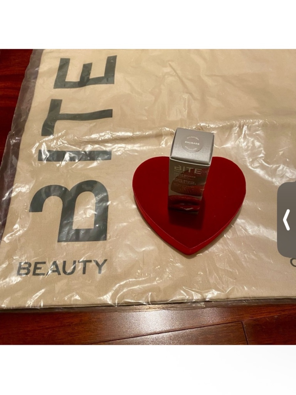Bite Beauty Amuse Bouche full lipstick in rhubarb color w/ original bite tote
